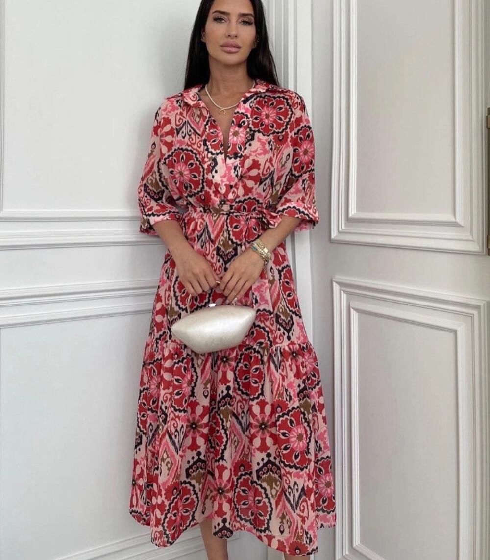 Zara Ikat Button Down Midi Dress XS 100% Cotton Tie Belt 3/4 Sleeve Red Pink